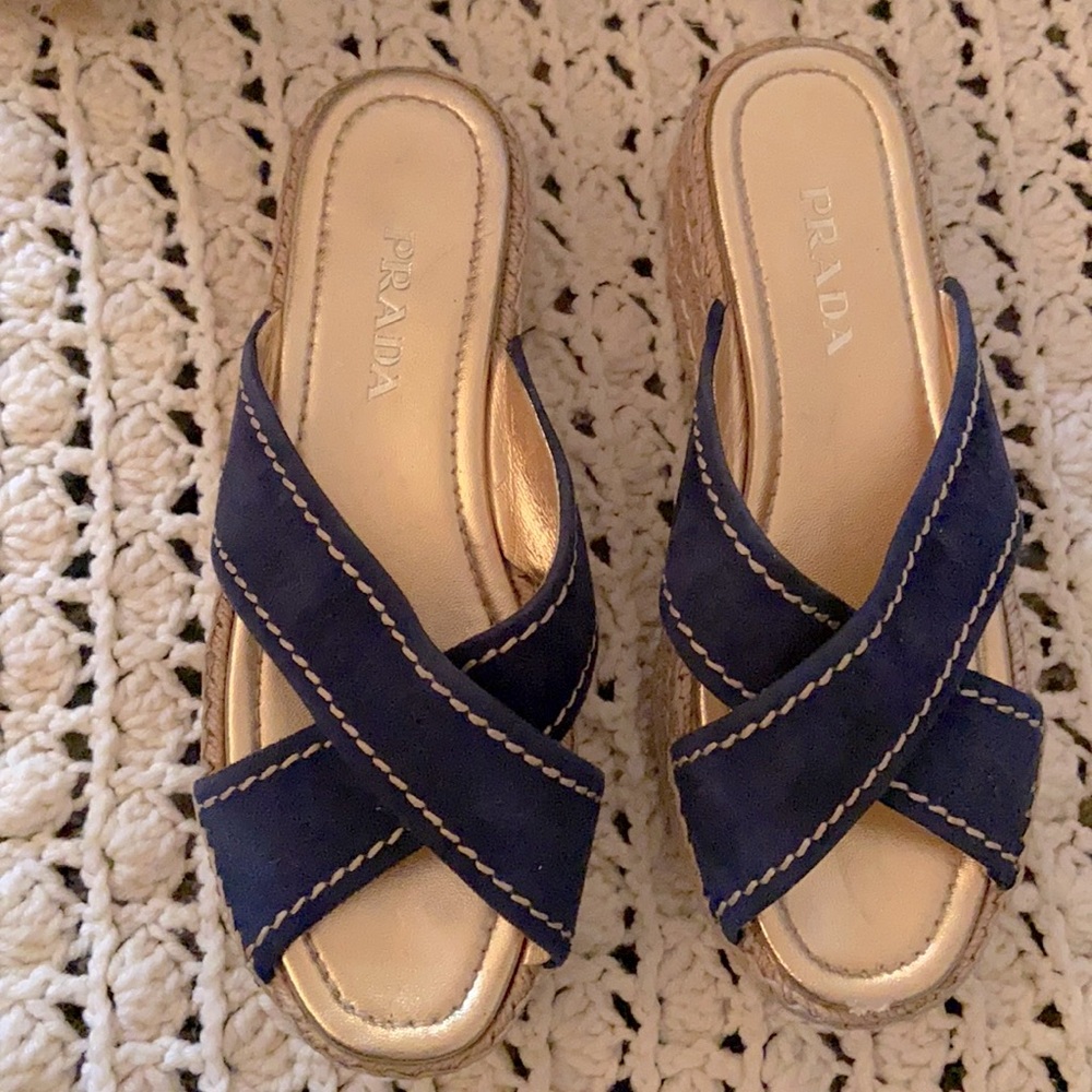 Prada Navy blue wedge slides by